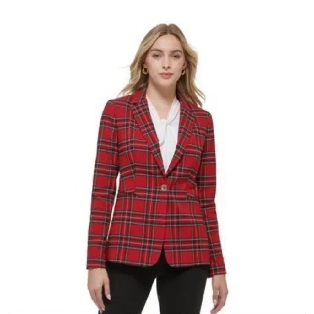 Tommy Hilfiger Red Plaid Blazer Womens Slim Fit Classic Career Jacket Size 10